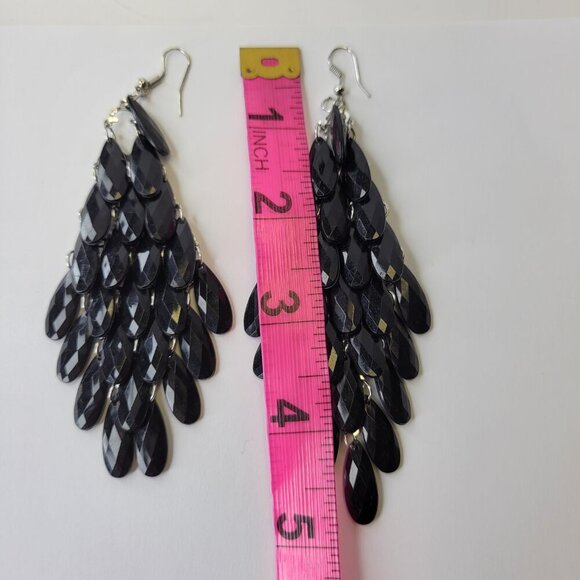 Black Tassel Earrings Long Black Dangle Light Earrings - Picture 5 of 5
